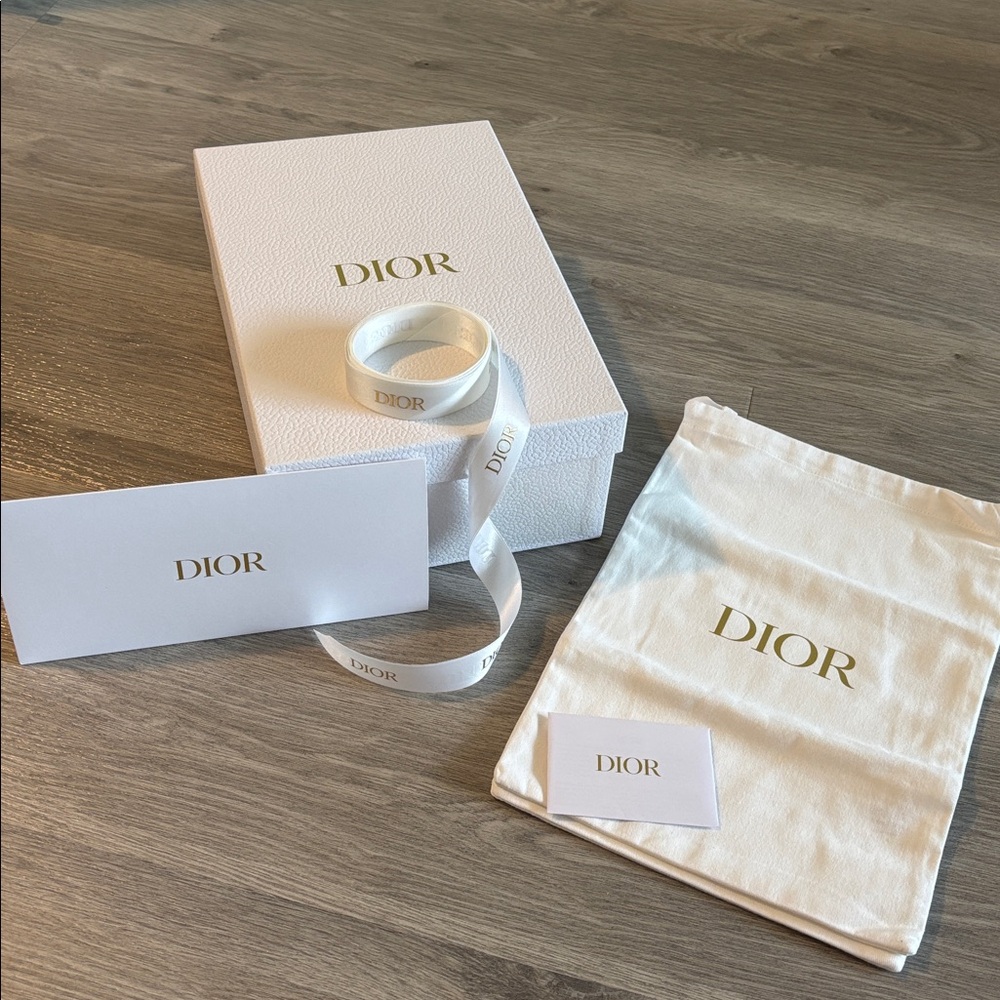 White Dior Shoe Box, 2 Dust Pouches, Ribbon, receipt sleeve and care card set